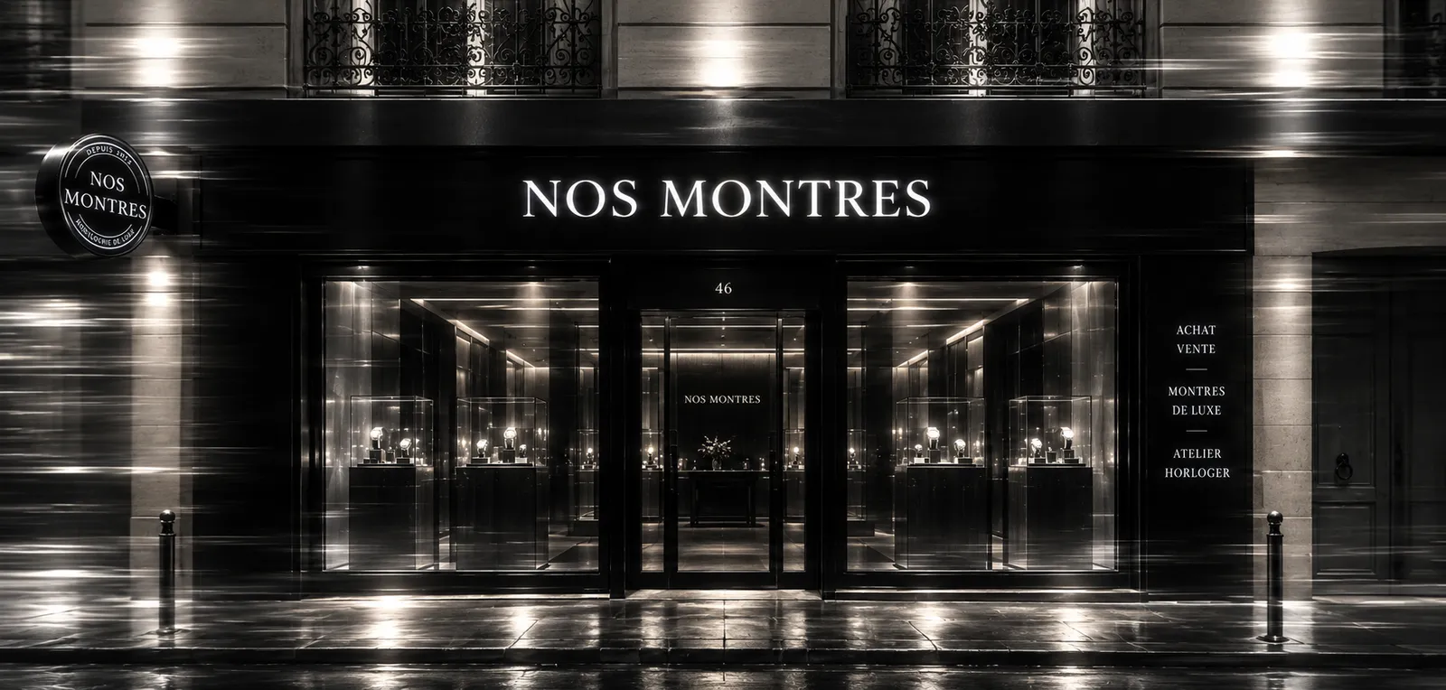 Façade de la boutique Nos montres, rue de Miromesnil à Paris