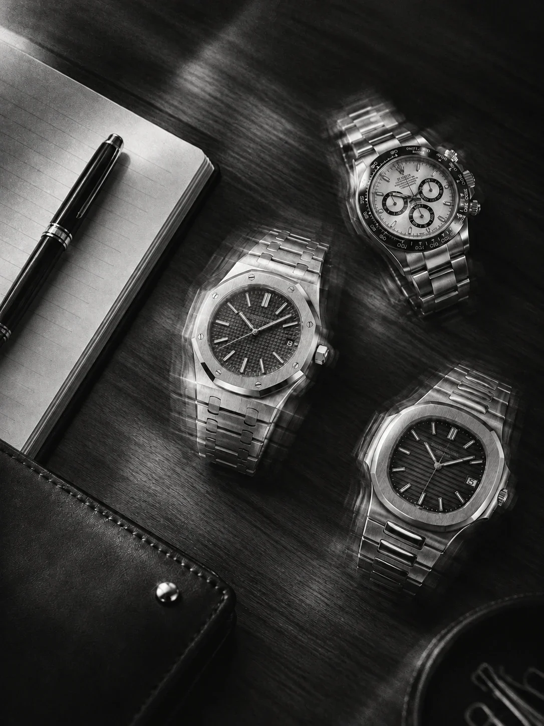Trois montres de luxe en noir et blanc sur un bureau, près d’un carnet et d’un stylo